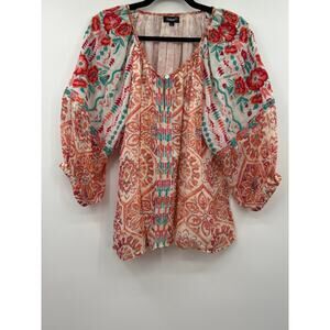 Tolani Women’s Marta Rose Folkloric Embroidered Puff Sleeve Blouse Top Size L